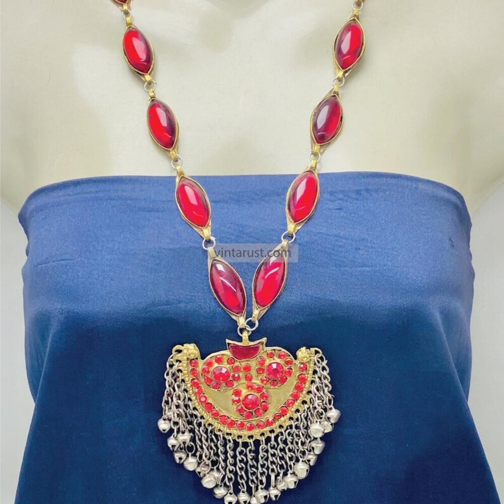Kuchi Long Chain Red Pendant Necklace: Glass Stones Handmade Jewelry